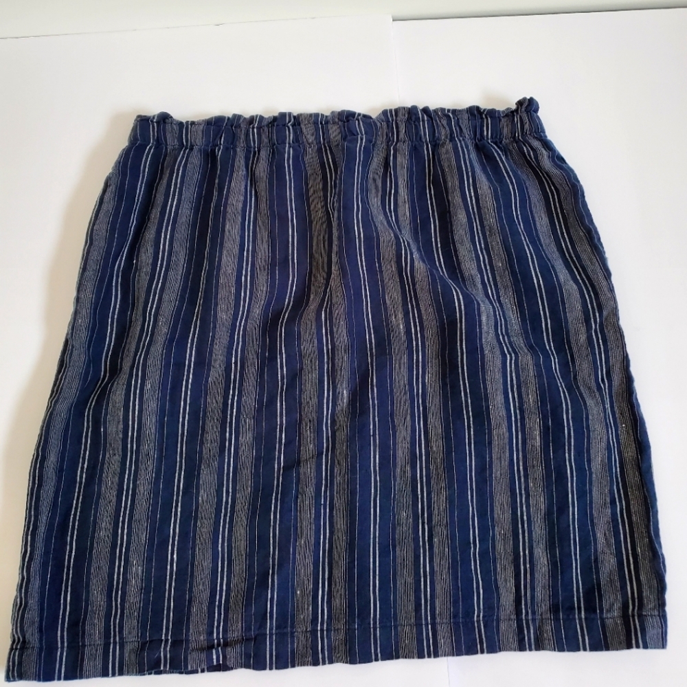 ELLEN TRACY 100% Linen Striped Blue and Gray Pull on Elastic Skirt Women's Large